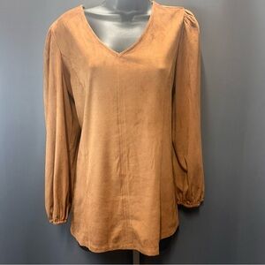 Casual Business Soft Velvet Feel V-Neck Top Camel Color Long Sleeve Elastic Cuff